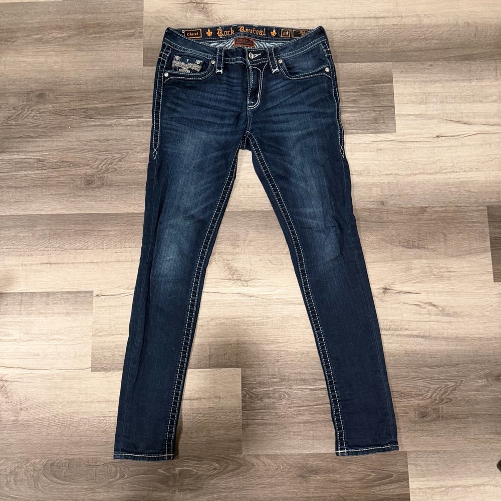 Rock Revival Womens Claret Mid Rise Skinny Distressed Embellished Jeans Size 28